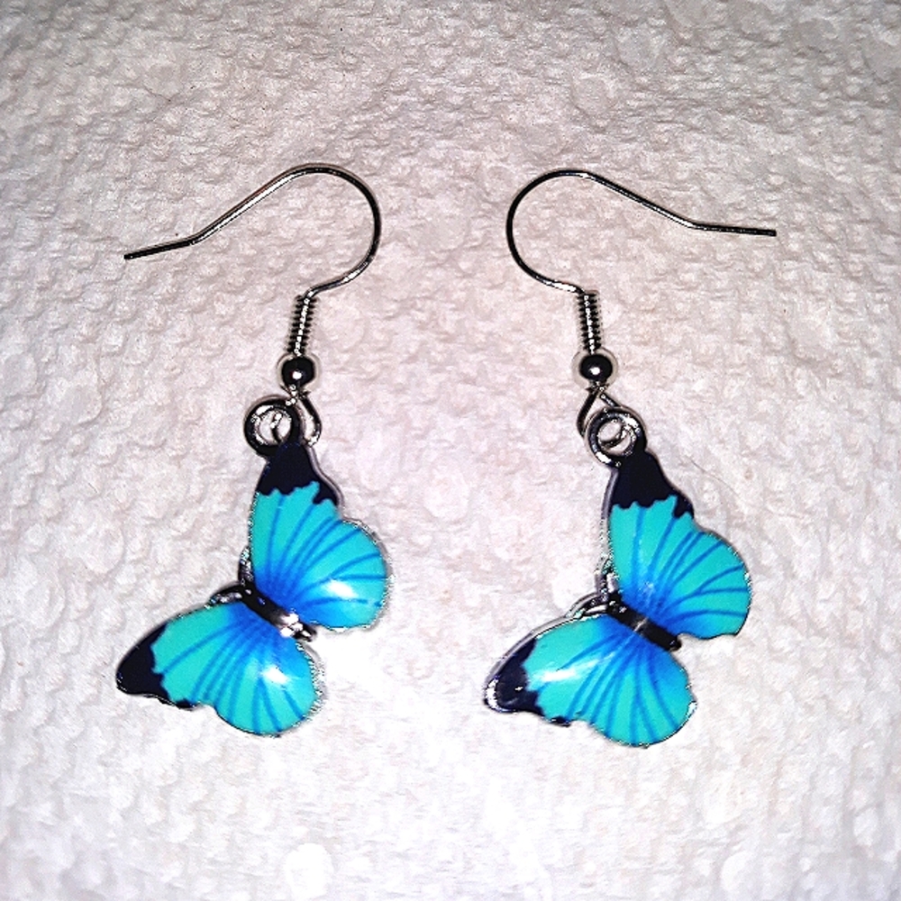 Butterfly Dangle  Earrings Blue Enamel Silver Stainless Steel earwires NEW